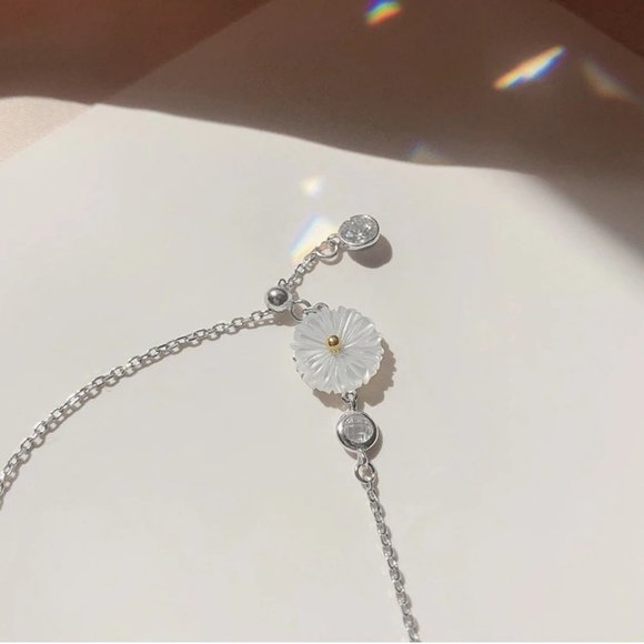 NEW 925 Sterling Silver Shell Diamond Daisy Anklet - Picture 9 of 9